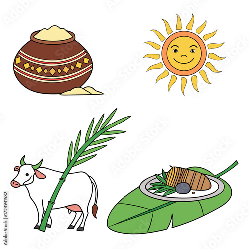 Illustration of pongal elements, featuring a traditional pot, the sun, a cow, and a dish on a banana leaf, symbolizing the harvest festival and its cultural significance