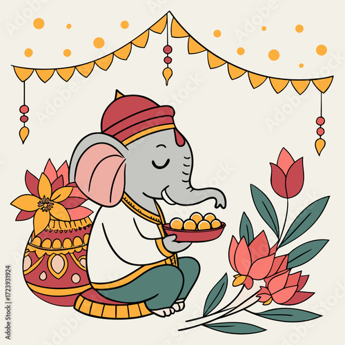 Vector art of charming illustration of lord ganesha seated with sweets and flowers, under festive bunting, ideal for diwali and ganesh chaturthi cards, invitations, and cultural designs