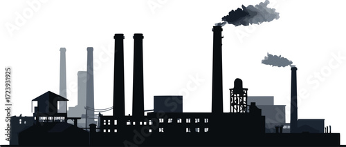 Vector art of industrial factory silhouette with smoke stacks and pollution