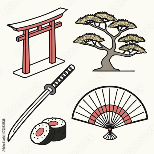 Vector art of charming illustration featuring japanese cultural icons, including a torii gate, a bonsai tree, a katana sword with sushi, and a folding fan, capturing the essence of japan