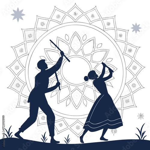 Vector art of elegant dandiya dance illustration featuring a man and woman in traditional attire, performing with sticks against a backdrop of a beautiful mandala and decorative stars