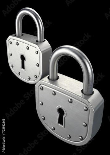 Two metallic padlocks are shown against a black background