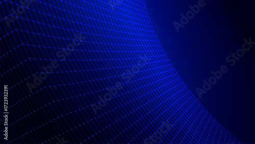 Abstract 3D perspective background with curved glowing blue grid lines, symbolizing digital technology, virtual reality, cyberspace, and futuristic design.