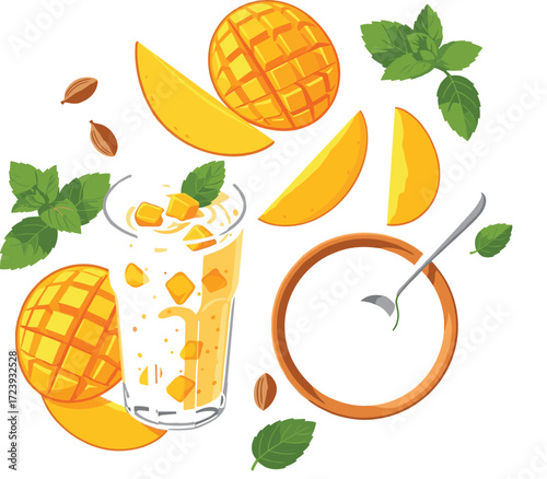 Vector Flat Lay of Lassi with Fruits and Spices
