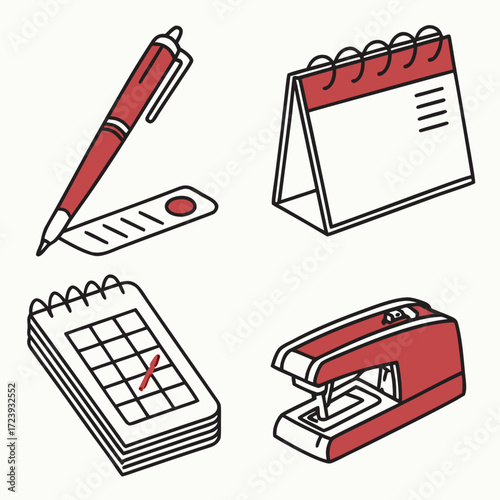 Vector art of isometric vector illustration featuring office supplies, including a pen, notepad, stapler, and two calendars, perfect for presentations, infographics, and educational materials
