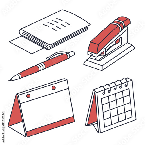 Vector art of isometric vector illustration featuring office supplies, including a notepad, pen, stapler, and two calendars, ideal for presentations, infographics, and educational materials