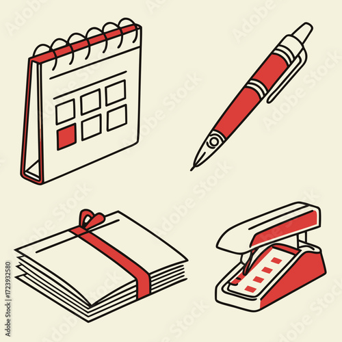 Vector art of office supplies illustration, featuring a calendar, pen, stack of papers, and stapler, representing organization, planning, and productivity in a workspace setting