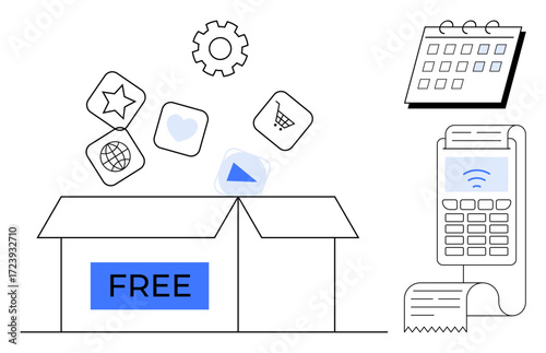 Open box labeled Free releasing icons cart, heart, globe, video, gear, payment terminal with receipt, and calendar. Ideal for digital marketing, subscriptions technology business solutions