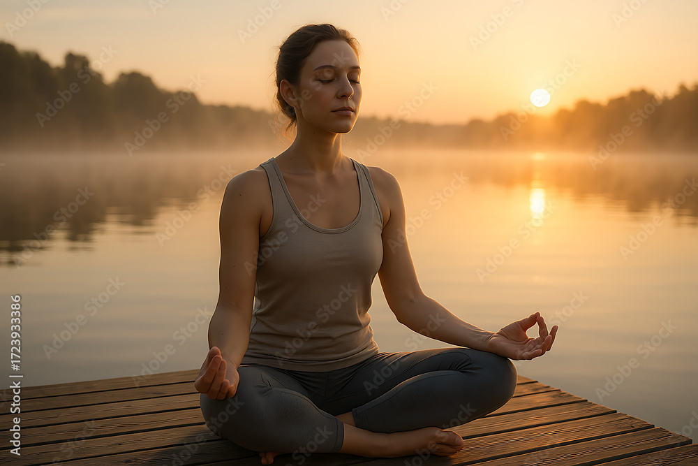 Fototapeta premium Serene Morning Meditation by Lake: Witness a woman in deep meditation, her posture reflecting tranquility, as the sun rises over the tranquil lake, embracing the peaceful morning atmosphere.