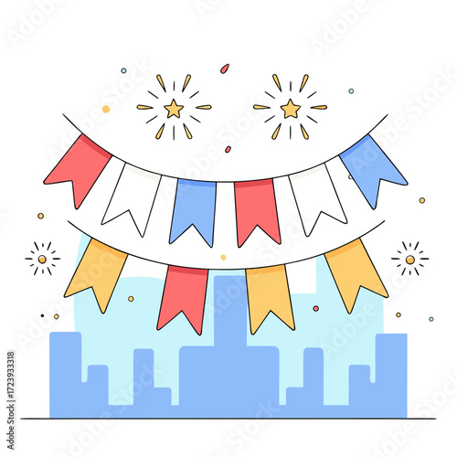 Celebration bunting flags strung across a cityscape with fireworks and confetti, festive decoration for party or event