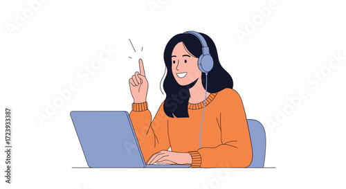 A young woman wearing headphones and using a laptop with her finger raised in a thoughtful gesture.