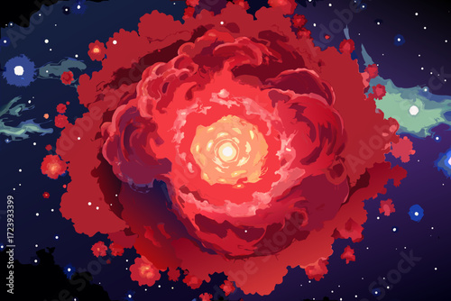 A vibrant red nebula explodes in the vastness of space, surrounded by distant stars and cosmic clouds, creating a spectacular celestial event