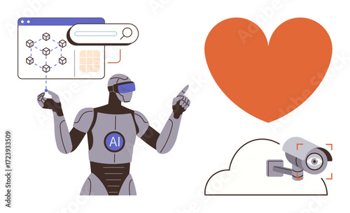Humanoid robot using AI tools, cloud-secured surveillance camera, and heart symbol. Ideal for technology, innovation, security, surveillance, AI ethics, smart systems and artificial intelligence