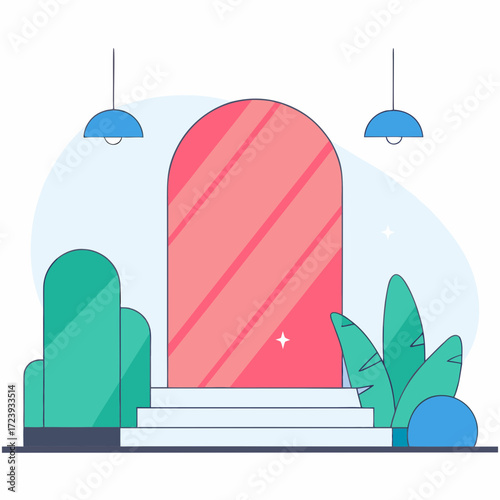 A stylized illustration of a pink arched doorway with a staircase leading up to it, flanked by green plants and illuminated by two blue pendant lights, creating a welcoming and modern entrance