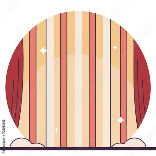 Abstract illustration of a circular curtain with vertical stripes in warm colors, evoking a sense of performance or reveal