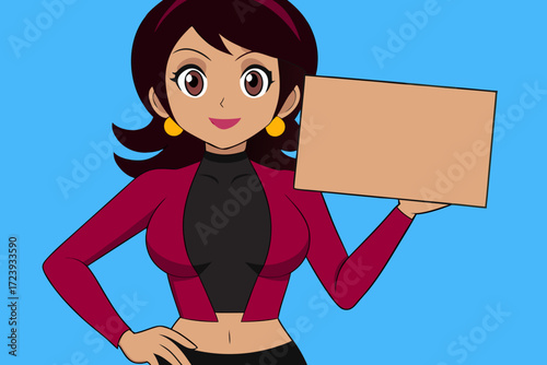 Cartoon woman holding a blank sign, suitable for adding custom text or graphics, with a vibrant blue background