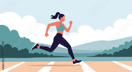 A woman runs on a track in a scenic outdoor setting.