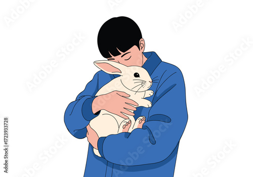 A person is gently holding a white rabbit in their arms.