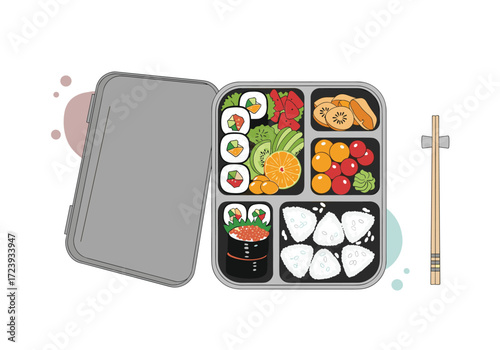 A delicious and healthy bento box lunch with sushi rice and vegetables.