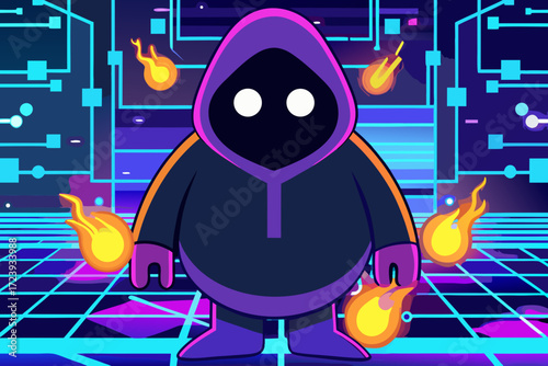 A mysterious hooded figure with glowing eyes stands in a futuristic digital cyberspace, surrounded by flames and circuit board patterns, representing cybersecurity and virtual reality