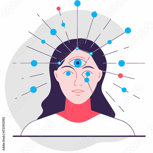 Illustration of a woman with a third eye on her forehead and radiating lines and circles symbolizing consciousness, thoughts, and ideas