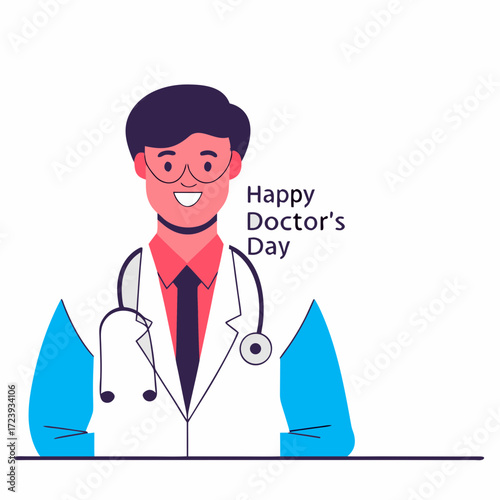 Happy doctors day greeting with a smiling doctor wearing a stethoscope and lab coat