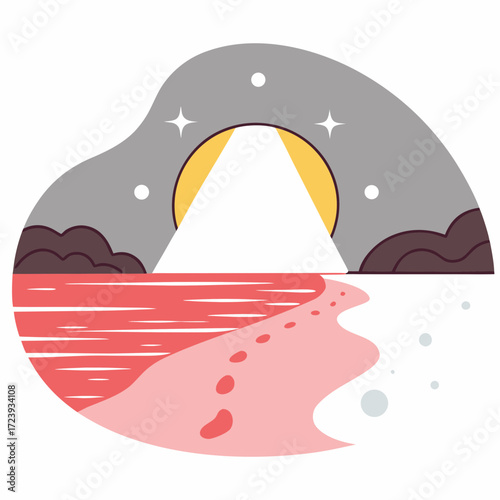 Abstract surreal landscape with a path leading to a glowing pyramid under a starry sky and a pink sea, representing a journey of discovery and enlightenment