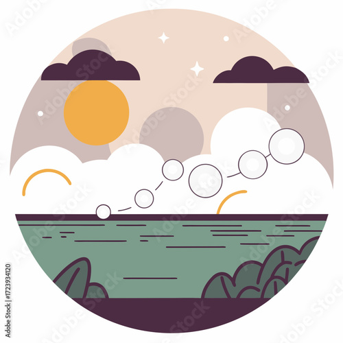 Stylized illustration of celestial bodies and clouds over water, depicting a cosmic or astronomical theme with a serene and abstract aesthetic