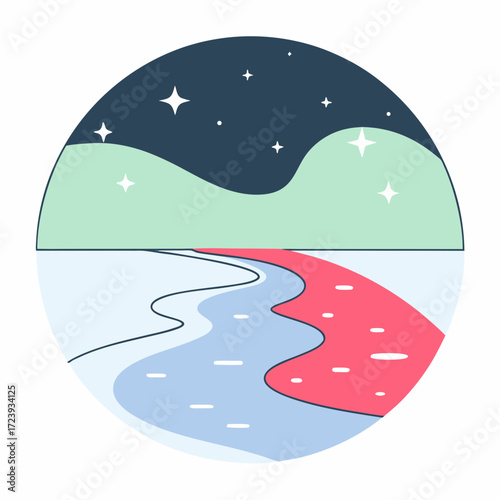 Stylized illustration of a serene night landscape with rolling hills, a starry sky, and a winding river reflecting the celestial scene, creating a peaceful and dreamy atmosphere