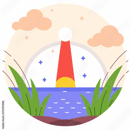 Illustration of a lighthouse beam shining across the water at sunset with clouds and stars in the sky, evoking a sense of guidance and hope