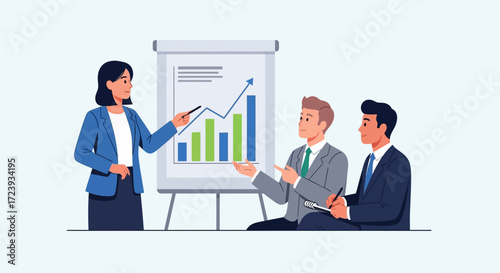 Business people collaborating with charts and laptops in a meeting illustrating growth and success