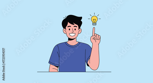 A young man with dark hair pointing his finger upwards towards a glowing light bulb symbolizing a new idea.
