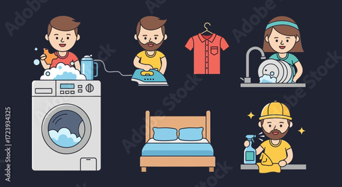 Cartoon illustration of man and woman in different settings with children and school elements