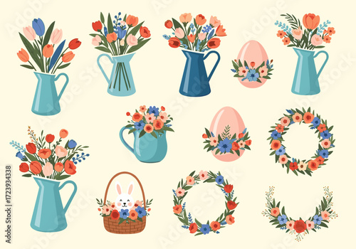 A delightful collection of spring floral arrangements and Easter themed decor elements.