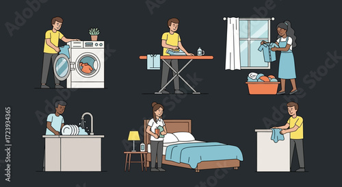 Cartoon illustration of a mother and daughter working at a computer desk in an office room