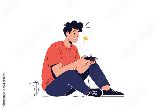 A young man is sitting down playing a video game.