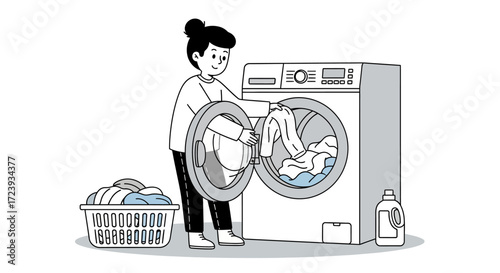 The cartoon illustration shows young people at home doing laundry with a washing machine