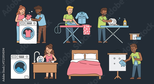 Cartoon illustration of a man and woman with a laptop, children, and food in a kitchen classroom