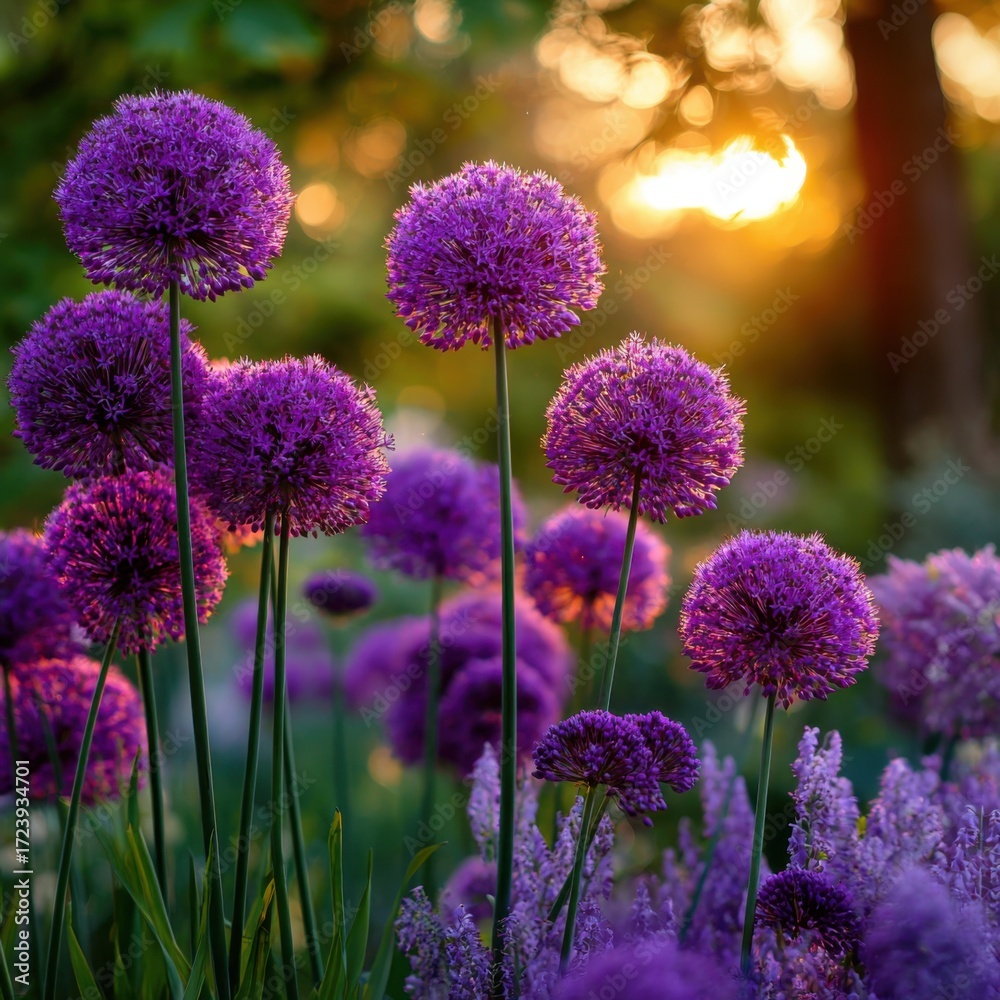 Obraz premium Purple Allium Flowers at Sunset