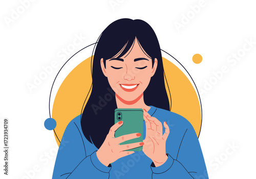 Young woman happily looking at her smartphone screen using a mobile app.