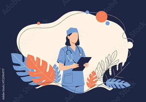A nurse in uniform holding a clipboard and stethoscope surrounded by abstract shapes and tropical leaves.