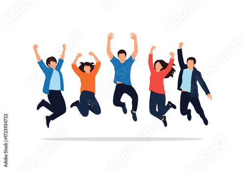 A group of young people are jumping for joy and expressing happiness.