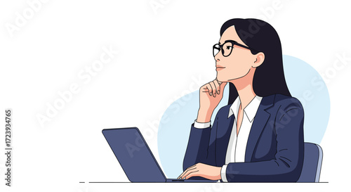 A thoughtful businesswoman looking into the distance while working on her laptop.
