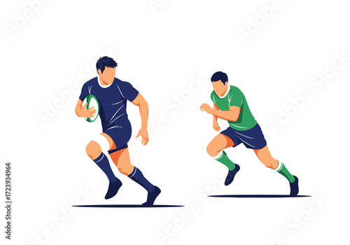 Two men playing rugby running with the ball on the field.