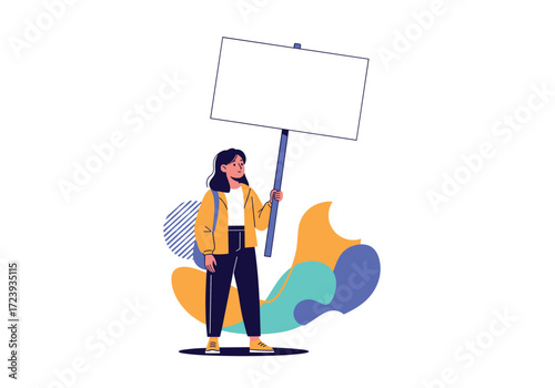A woman holding a blank sign at a protest event.