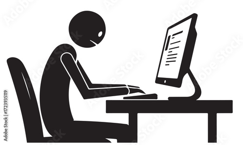 Monochrome Icon of Individual Working at Desktop Computer