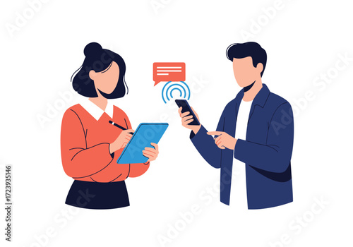 Two people interacting with digital devices for communication and collaboration.