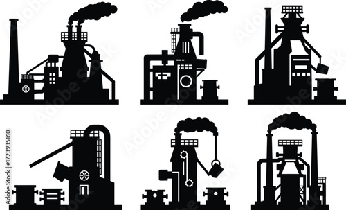 Blast furnace factory silhouettes with chimneys, steel industry plants, metallurgy, smelting, foundry, molten metal, smoke pollution, heavy industrial manufacturing vector
