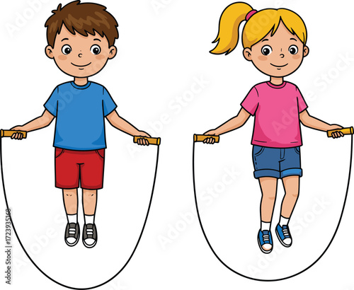 Boy and Girl Jumping Rope Together in Fun Physical Activity for Kids, Cartoon Fitness and Outdoor Playtime Vector Illustration