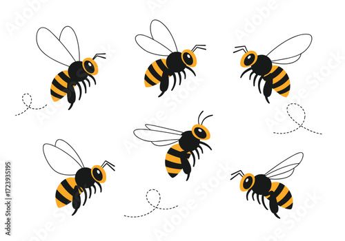 A group of happy cartoon bees flying around in a playful pattern.